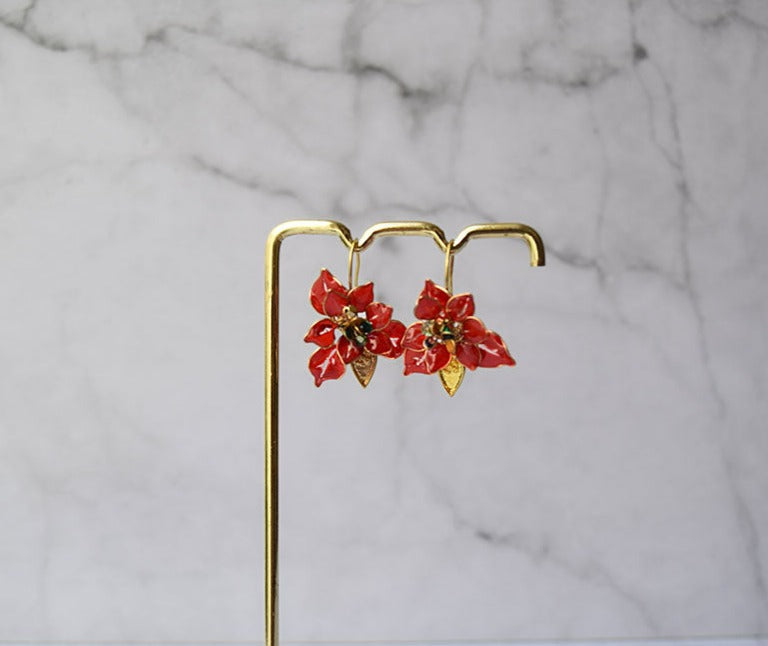 A hand formed and hand painted Red Poinsettia earrings for Christmas, Unique gift for Christmas