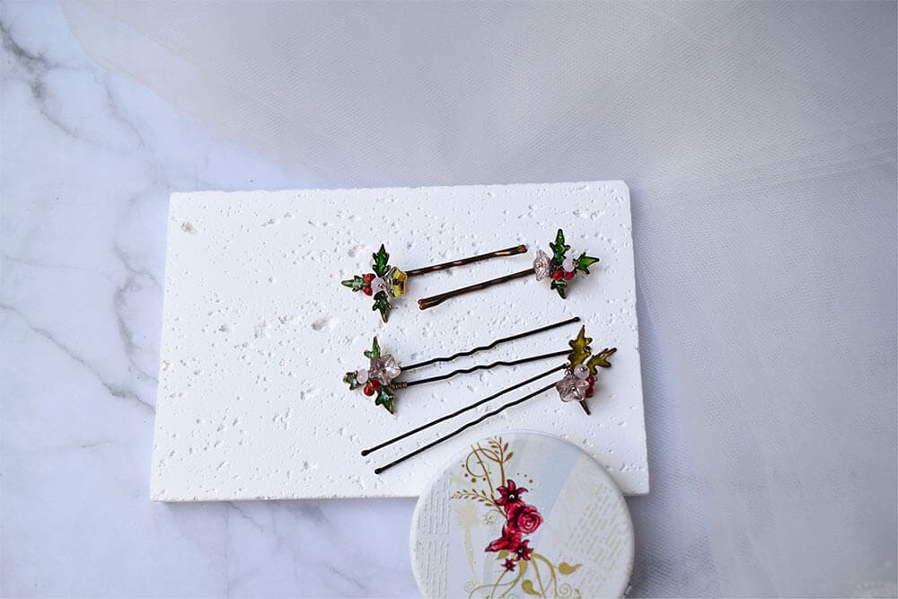 Holly Faux or Cherry leaves hair pins and forks for Christmas